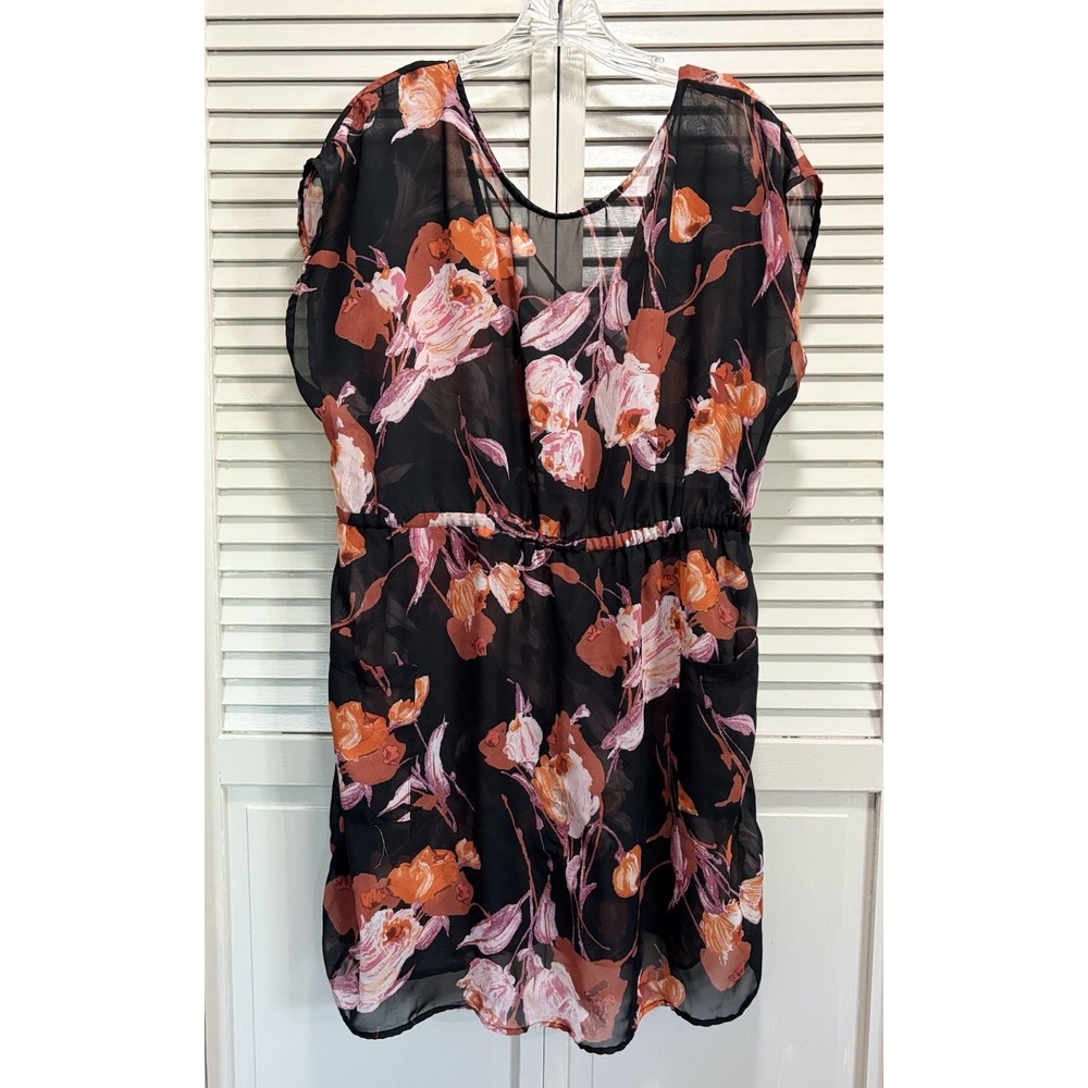 Xhilaration Black/Orange‎ Floral Chiffon Short Sleeve Tie Dress Sz XXL NO LINING